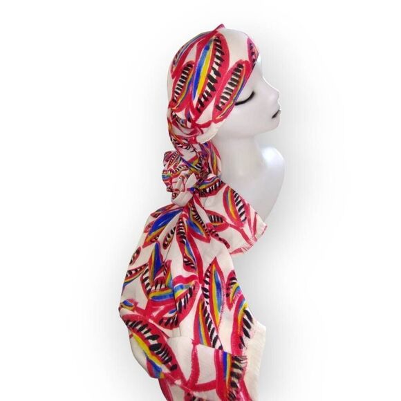 J Crew Abstract Print Red Blue Rectangle Scarf Leafs Floral Sarape Wrap Scarf - Picture 3 of 7